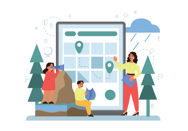 Geography teacher teaching about different locations online  Illustration