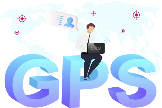 Geolocation Technology Flat Concept Vector Illustration Businessman Sitting On Word GPS 2 D Cartoon Characters For Web Design Geographic Marketing Campaigns Location Based Services Creative Idea Illustration