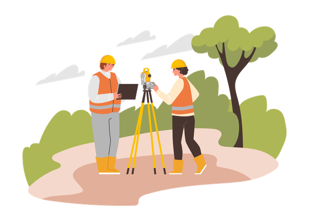 Geologist field work composition with man and woman taking geodetic measurements in nature landscape  Illustration