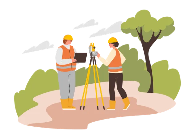 Geologist field work composition with man and woman taking geodetic measurements in nature landscape  Illustration