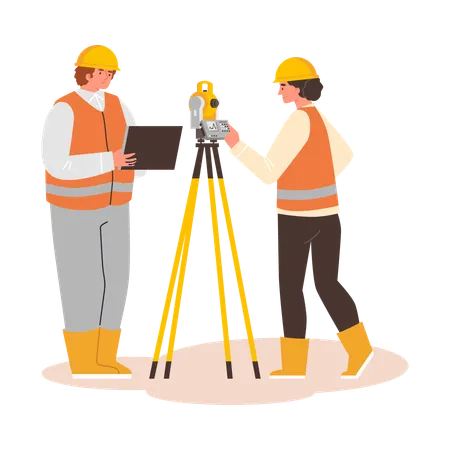 Geologist field work composition with man and woman taking geodetic measurements of earth surface  Illustration
