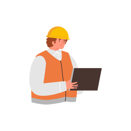 Geologist man in orange helmet and vest writes research data to tablet  Illustration