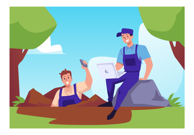 Geologists in expedition carry out reconnaissance work  Illustration