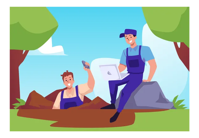 Geologists in expedition carry out reconnaissance work  Illustration