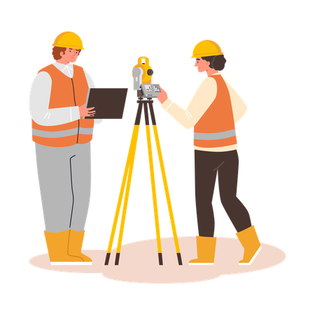 Composition de travail de terrain d'un géologue avec un homme et une femme prenant des mesures géodésiques de la surface de la Terre  Illustration