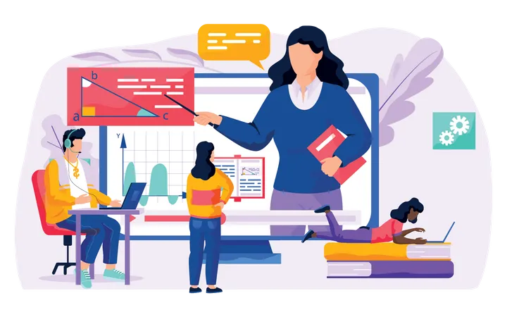 Set Of Illustrations On The Topic Of Online Learning Online Consultation With Doctor Woman Explains New Topic Online Geometry Lesson The Teacher On The Screen Speaks English Guy Watching A Movie Illustration