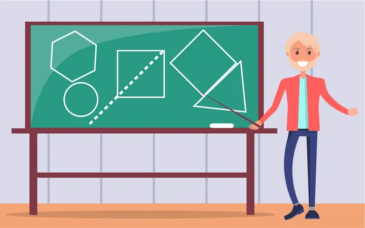 Mathematics Man Showing Geometric Figures At Blackboard In Classroom Male Teacher Explains New Topic Tutor Pedagogue Teaching In Class Vector Illustration Guy Conducts Geometry Lesson At School Illustration
