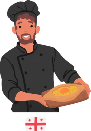 Georgian Chef Presents A Beautifully Baked Khachapuri A Traditional Cheese Filled Bread Oozing With Melted Cheese And Boasting A Golden Crust Showcasing The Mastery And Love For Georgian Gastronomy Illustration