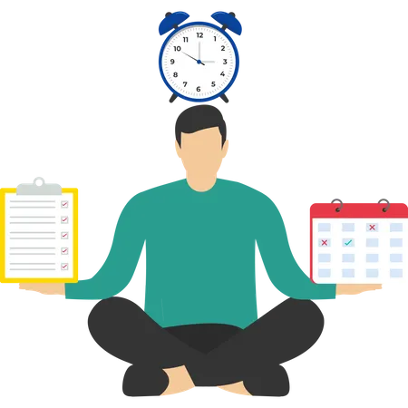 Gerenciamento De Tempo Para Aumentar A Produtividade Autodisciplina Ou Autocontrole Para Realizar O Trabalho Ou Atingir Metas De Negocios Os Empreendedores Meditam Equilibrando Relogios E Calendarios Em Papeis De Tarefas Concluidas Ilustração