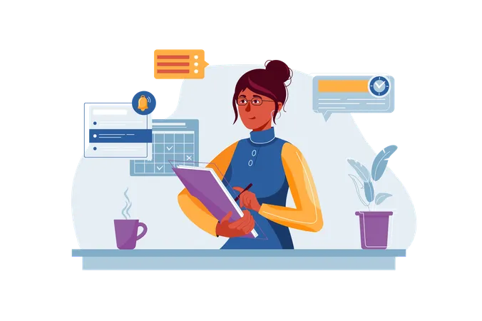 Gerente femenina crea horario de trabajo y planificación de tareas  Ilustración