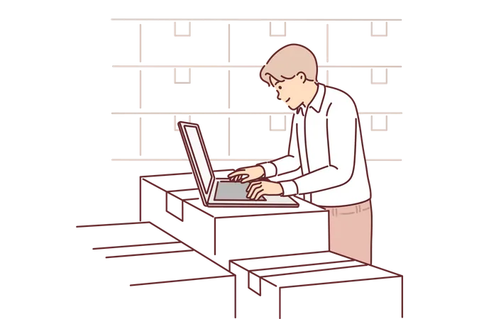 Gerente de almacén trabajando en una computadora portátil  Ilustración