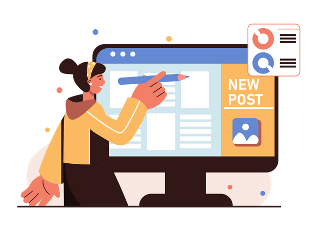 Gerente de contenido femenino creando nueva publicación  Ilustración