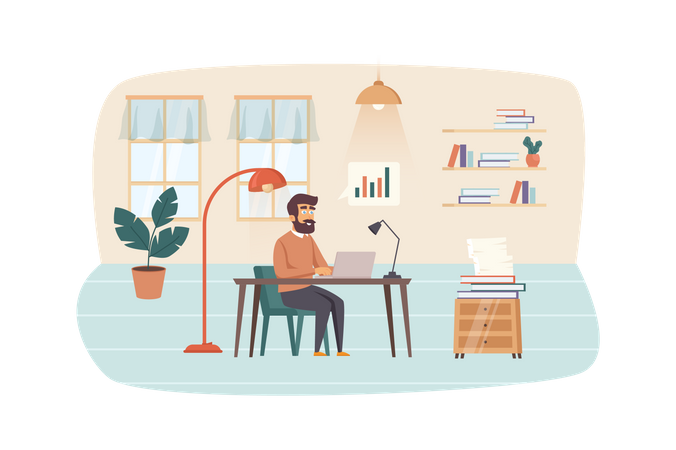 Gerente de conteúdo trabalhando no laptop no escritório  Ilustração