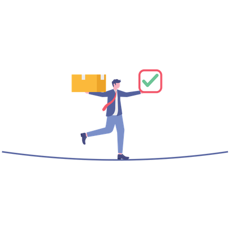 Gerente de controle de qualidade equilibrando caixas de produtos e lista de verificação de conformidade  Ilustração