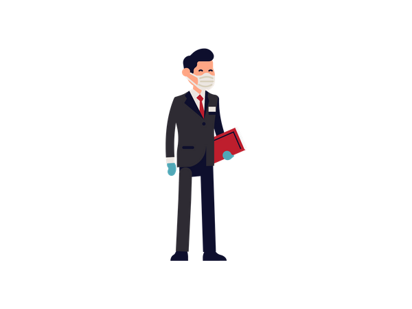 Gerente de hotel usando máscara e luvas  Ilustração