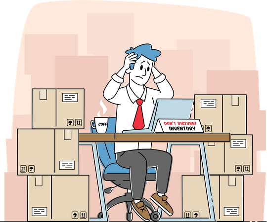 Hombre cansado del gerente de inventario sentado en el almacén con pilas de cajas de cartón trabajando en la computadora  Ilustración