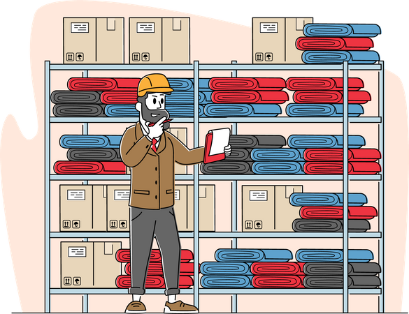 Gerente de inventario personaje masculino trabaja en almacén con pilas de cajas de cartón revisando la lista de productos para distribución  Ilustración