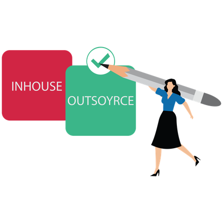 Gerente de negócios decidindo entre interno ou terceirizado com marca de seleção  Ilustração
