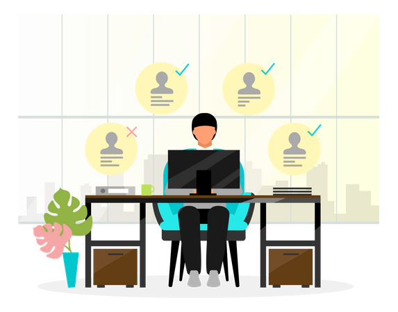 Gerente de recursos humanos analizando currículums  Ilustración