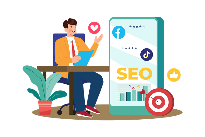 Gerente de reputação gerenciando avaliações online para melhorar SEO  Ilustração