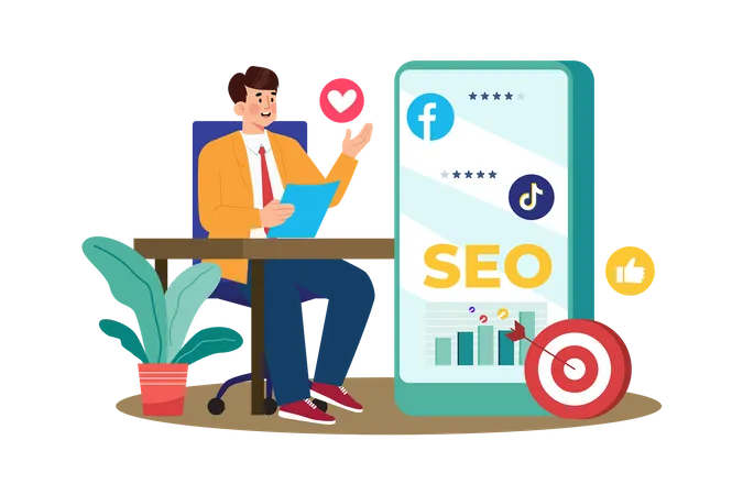 Gerente de reputação gerenciando avaliações online para melhorar SEO  Ilustração