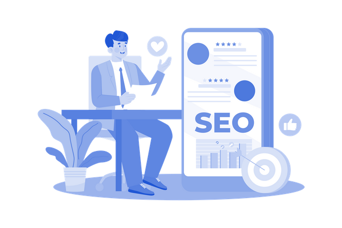 Gerente de reputação gerenciando avaliações online para melhorar SEO  Ilustração