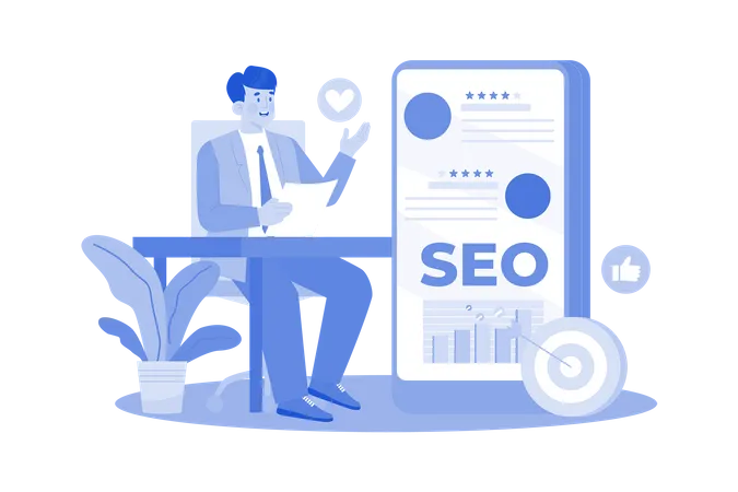 Gerente de reputação gerenciando avaliações online para melhorar SEO  Ilustração