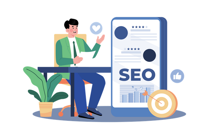 Gerente de reputação gerenciando avaliações online para melhorar SEO  Ilustração