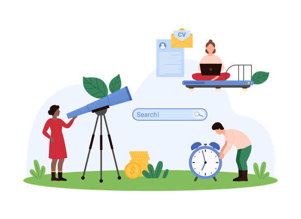 Gerente de recursos humanos que realiza una búsqueda en línea de CV de un empleado profesional  Ilustración