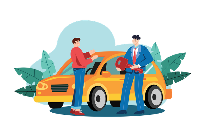 Gerente de showroom dando a chave do carro novo ao comprador  Ilustração