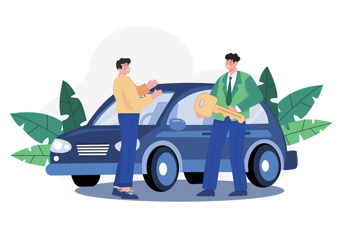 Gerente de showroom dando a chave do carro novo ao comprador  Ilustração