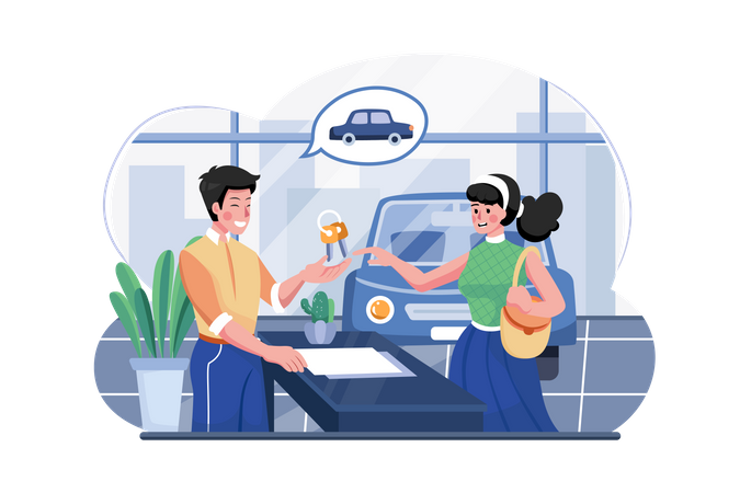 Gerente de showroom dando a chave do carro novo ao comprador  Ilustração