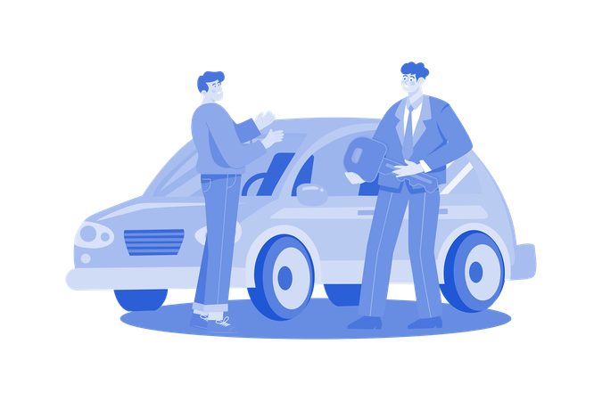 Gerente de showroom dando a chave do carro novo ao comprador  Ilustração