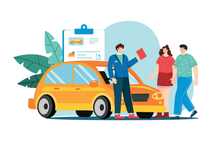Gerente de showroom de carros dando detalhes sobre o carro para um casal  Ilustração