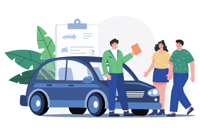 Gerente de showroom de carros dando detalhes sobre o carro para um casal  Ilustração