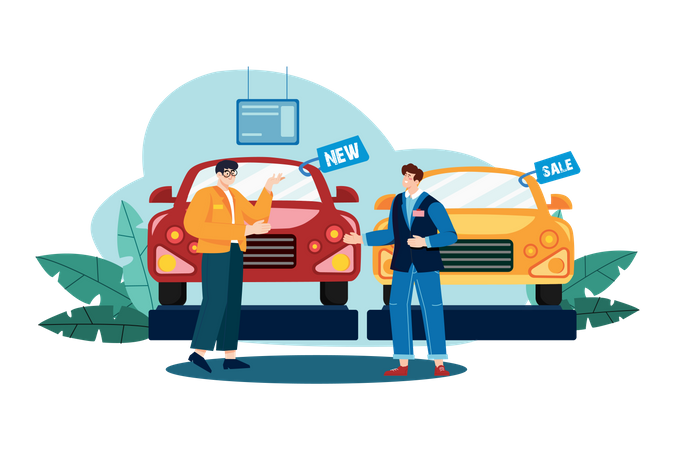 Gerente de showroom de carros lidando com carro  Ilustração