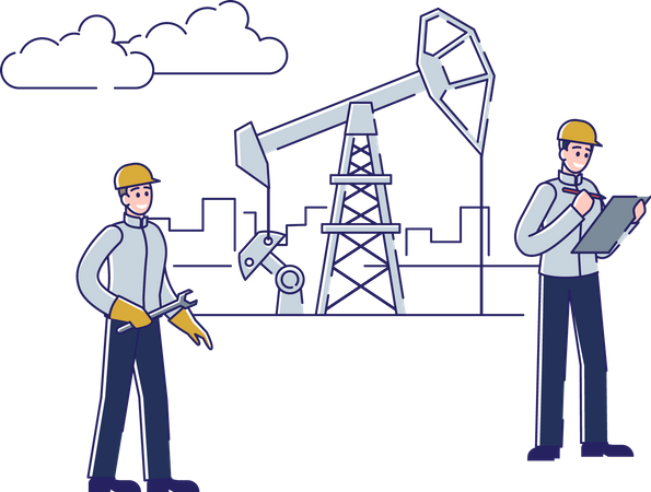 Verificação do gerente e do trabalhador e serviço da planta de petróleo e plataforma de trabalho  Ilustração
