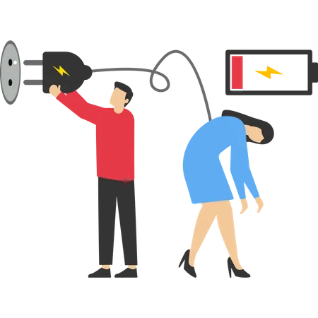 Gerente sosteniendo un enchufe eléctrico para recargar a un trabajador agotado con batería baja  Ilustración