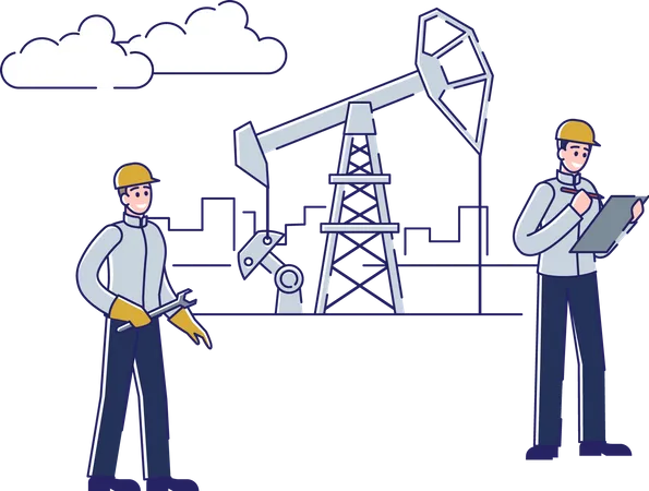 Gerente y trabajador Verificación y servicio de planta de perforación y petróleo de trabajo  Ilustración
