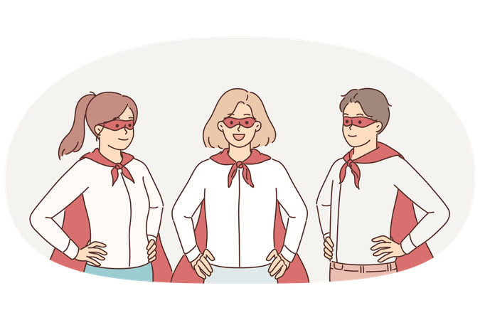 Gerentes exitosos vestidos de superhéroes trabajan en equipo para salvar empresas de la quiebra  Ilustración