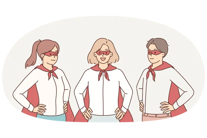 Gerentes exitosos vestidos de superhéroes trabajan en equipo para salvar empresas de la quiebra  Ilustración