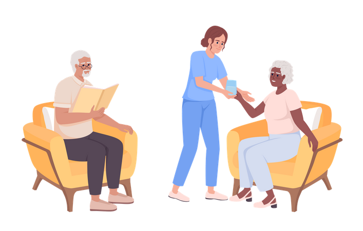 Geriatric nurse caring about seniors  Illustration