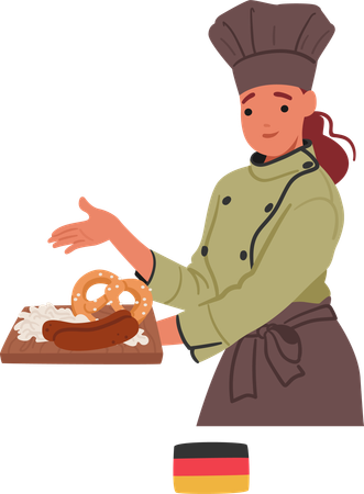 German Chef Female Character Proudly Presents A Platter With Sausages And Freshly Baked Pretzels  Illustration