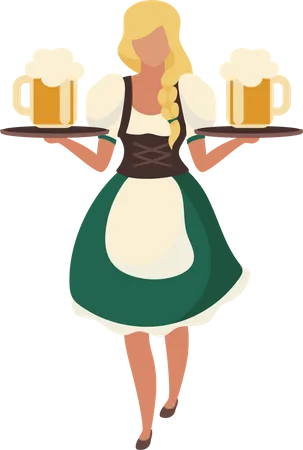 German Girl Holding Large Beer Glasses Semi Flat Color Vector Character Full Body Person On White Oktoberfest Waitress Isolated Modern Cartoon Style Illustration For Graphic Design And Animation Illustration