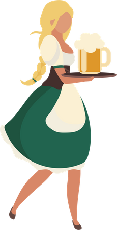 German woman carrying tray with beer  Illustration