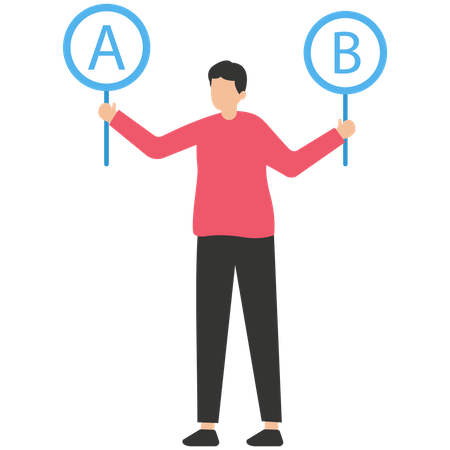 Geschäft mit zwei Optionen zur Auswahl zwischen A oder B auf Holzwippe  Illustration