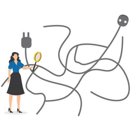 Geschäftsfrau analysiert defekte Stromleitungen  Illustration