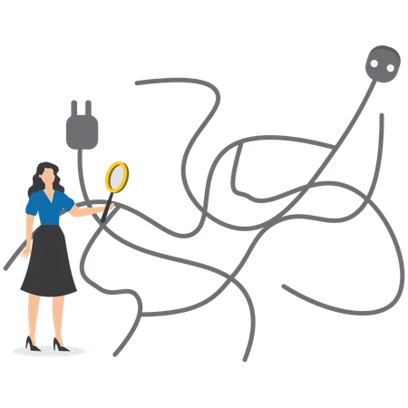 Geschäftsfrau analysiert defekte Stromleitungen  Illustration