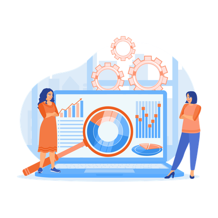 Geschäftsfrau analysiert Diagramme und entwickelt Geschäftsstrategien zur Verbesserung des Marketings  Illustration