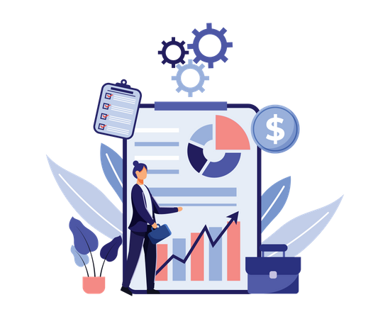 Geschäftsfrau analysiert Finanzbericht  Illustration